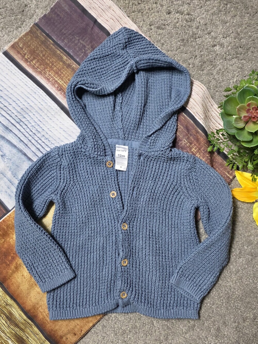 Carter's Toddler Button Up Hooded Cardigan Sweater Blue Size 12 Months